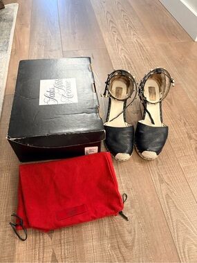 Authentic Valentino Black Leather Rockstud Espadrille Wedge Sandals, size 40